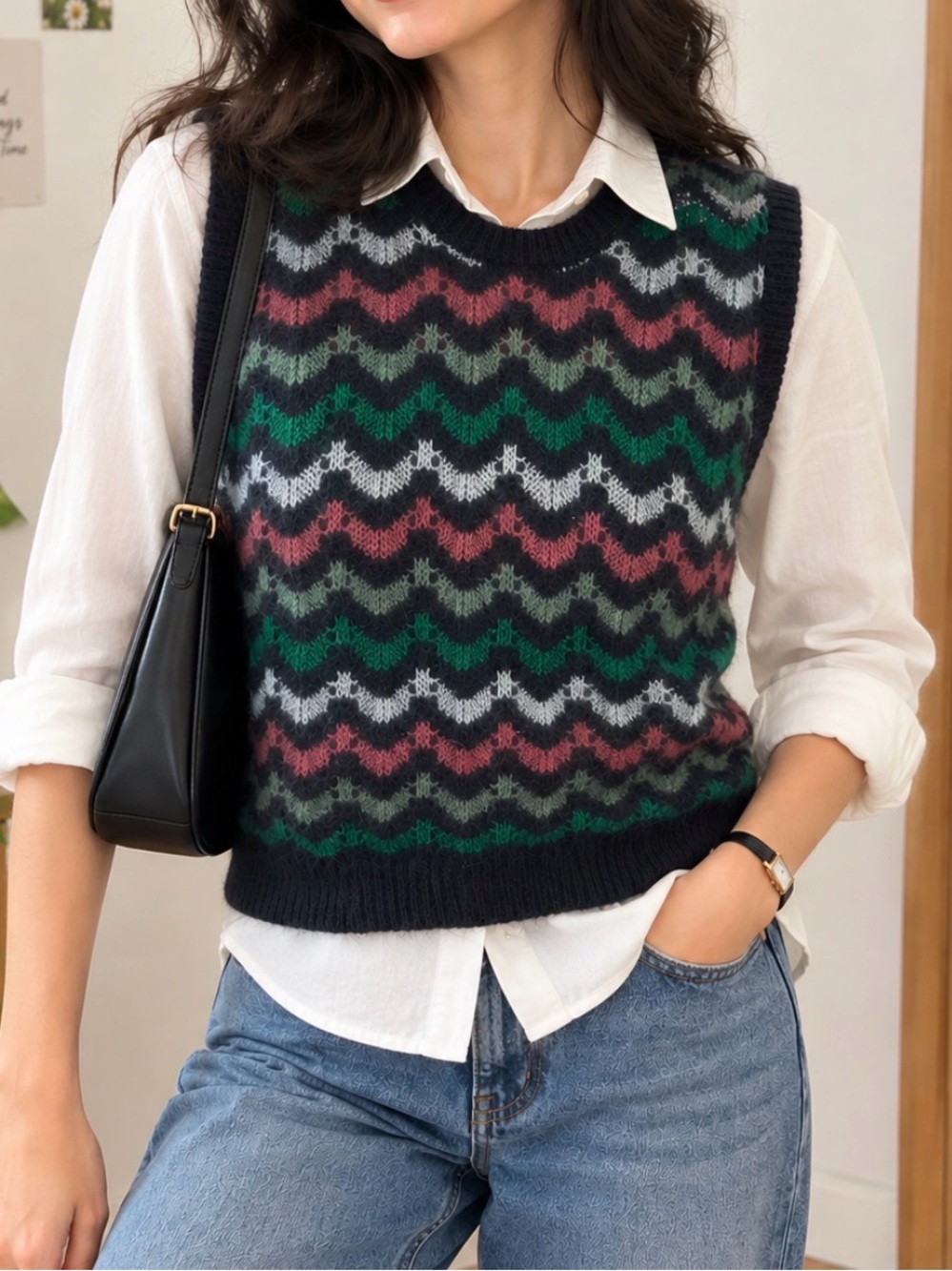 BRORA Mohair Wave Knit V-Neck sweater vest tank